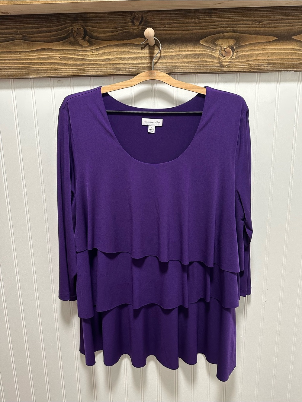 Susan Graver Liquid Knit Purple Tiered Layered 3/4 Sleeve Scoop Neck Top XL